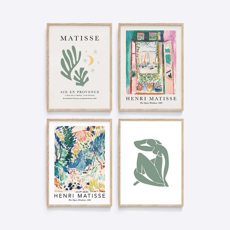 May include: Set of four framed art prints featuring the work of Henri Matisse. The prints include a green leafy design with the text "MATISSE" and "AIX EN PROVENCE", a colorful landscape scene, a green figure with a raised arm, and a window scene with the text "HENRI MATISSE" and "The Open Window, 1905".