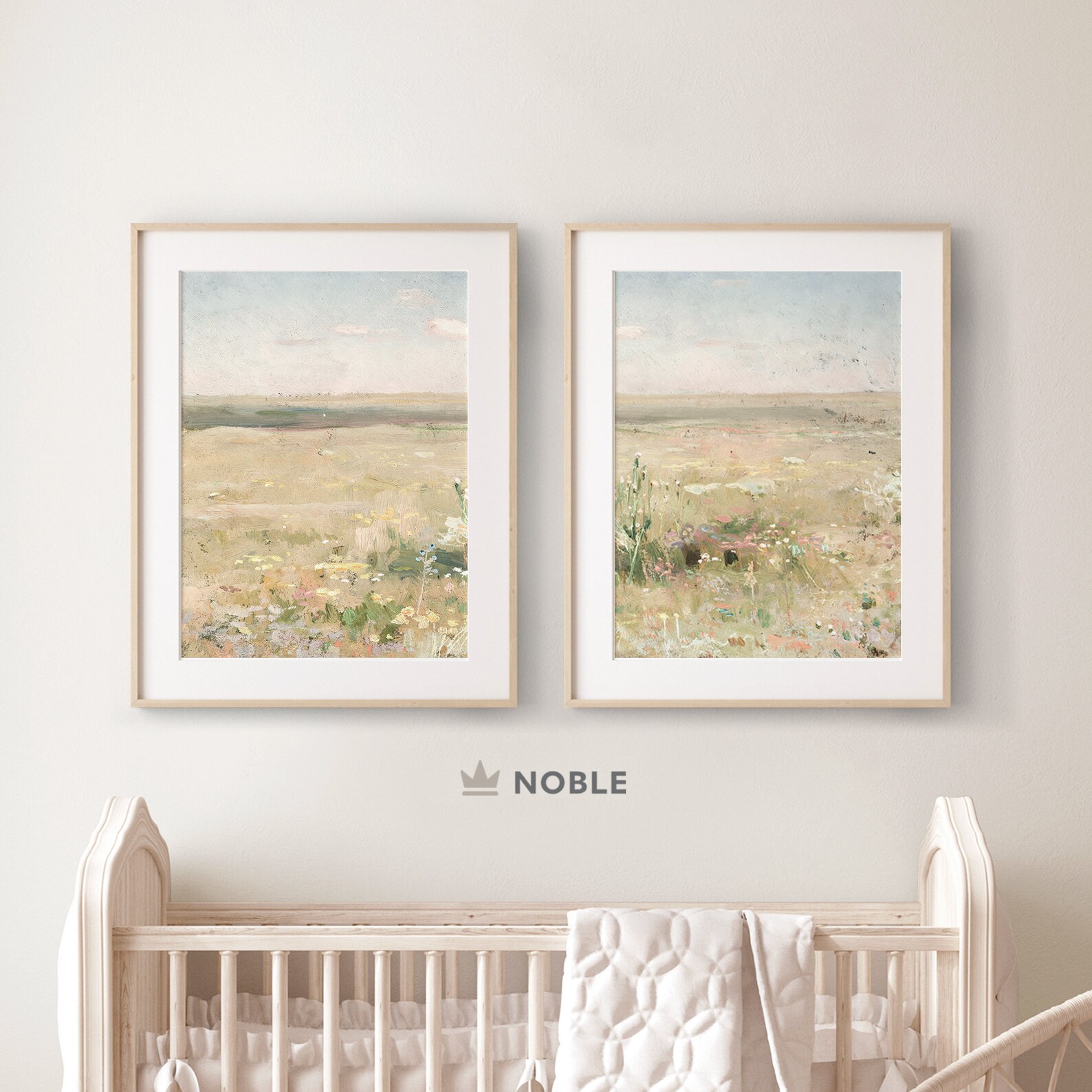 Vintage Nursery Wall Art, Set of 2, Meadow Landscape Painting ...