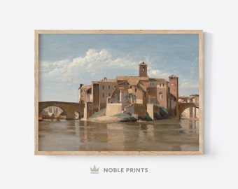 May include: A painting of a small town with a bridge over a river. The town is built on a small island and has a few buildings, including a church with a tall steeple. The sky is blue with white clouds. The painting is done in a realistic style with muted colors.