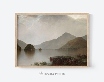 Vintage Lake Painting, Printable, Landscape Painting, Oil Painting, Rustic Decor Antique Art Print, Digital Download