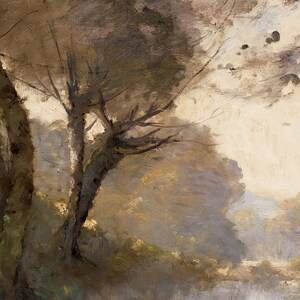 Puede incluir: Una pintura al &oacute;leo que representa un paisaje con &aacute;rboles y un cielo brumoso. La obra de arte presenta una paleta de colores apagados de marrones, verdes y cremas, con pinceladas visibles que crean textura y profundidad. La escena evoca tranquilidad.