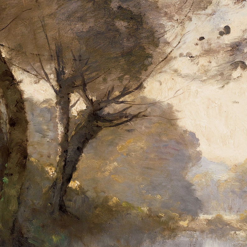 Puede incluir: Una pintura al &oacute;leo que representa un paisaje con &aacute;rboles y un cielo brumoso. La obra de arte presenta una paleta de colores apagados de marrones, verdes y cremas, con pinceladas visibles que crean textura y profundidad. La escena evoca tranquilidad.