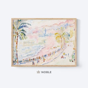 Pintura vintage de paisaje marino de playa, arte imprimible, multicolor, impresión de Niza Francia, descarga de arte mural
