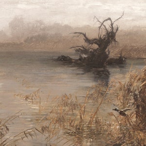 May include: A painting of a misty lake scene with a dead tree in the center of the lake. The tree is bare and its branches are reaching up towards the sky. The lake is calm and the water is reflecting the sky. There are reeds growing in the water around the tree.
