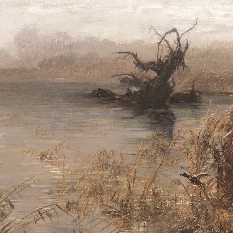 May include: A painting of a misty lake scene with a dead tree in the center of the lake. The tree is bare and its branches are reaching up towards the sky. The lake is calm and the water is reflecting the sky. There are reeds growing in the water around the tree.