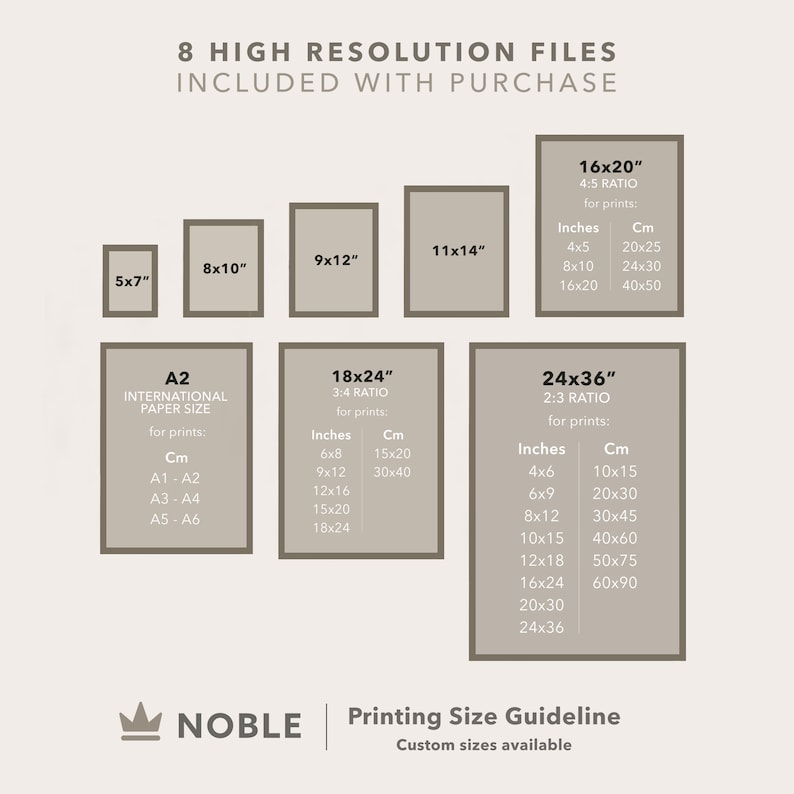 May include: A chart showing different print sizes in inches and centimeters, with the text "8 High Resolution Files Included with Purchase" at the top. The chart includes sizes like 5x7, 8x10, 9x12, 11x14, 16x20, 18x24, and 24x36. The chart also includes the text "NOBLE Printing Size Guideline Custom sizes available" at the bottom.