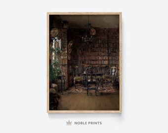 Vintage Victorian Library Oil Painting, Printable, Moody Gothic Print, Dark Academia Print, Digital Printable Download