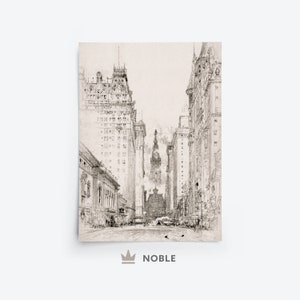 May include: A black and white sketch of a city street with tall buildings on either side. The buildings have many windows and are drawn in a detailed style. The street is empty except for a few people walking in the distance.