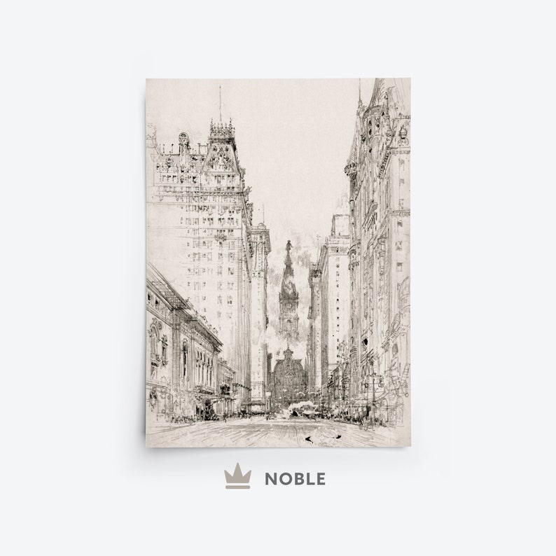 May include: A black and white sketch of a city street with tall buildings on either side. The buildings have many windows and are drawn in a detailed style. The street is empty except for a few people walking in the distance.