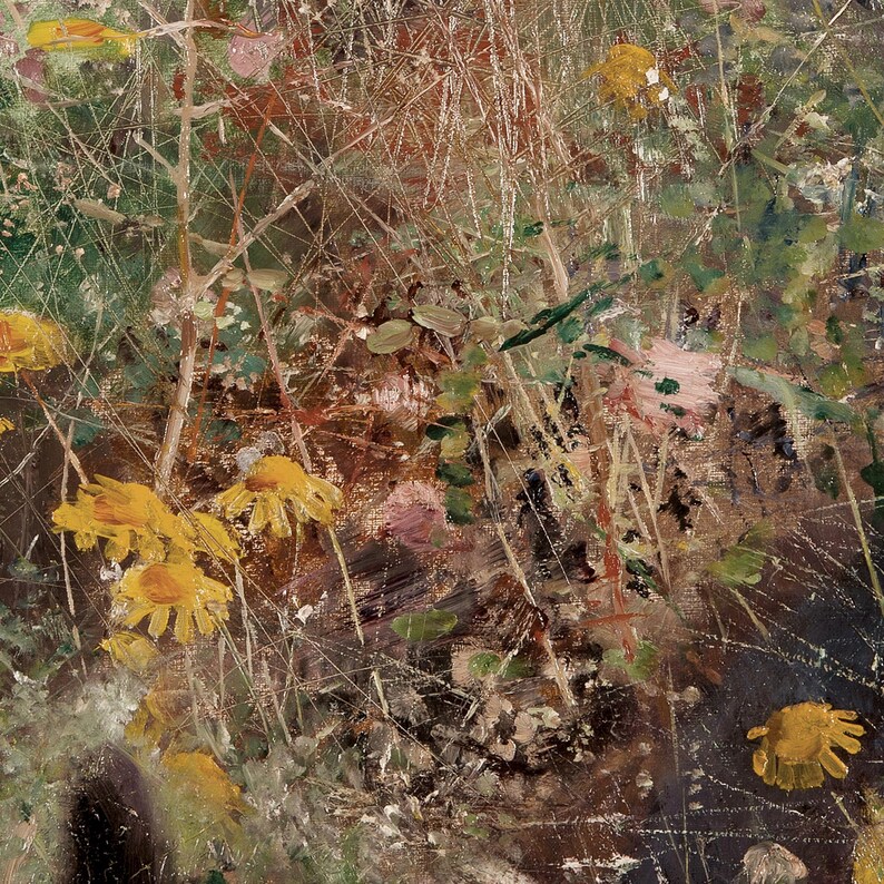May include: A close-up of a painting depicting a field of yellow wildflowers with brown and green foliage. The flowers are in various stages of bloom, with some fully open and others still in bud. The painting is done in a loose, impressionistic style, with visible brushstrokes.