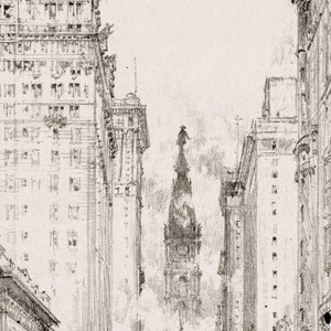 May include: A black and white pencil drawing of a tall building with a spire, seen from a narrow street between two other buildings.