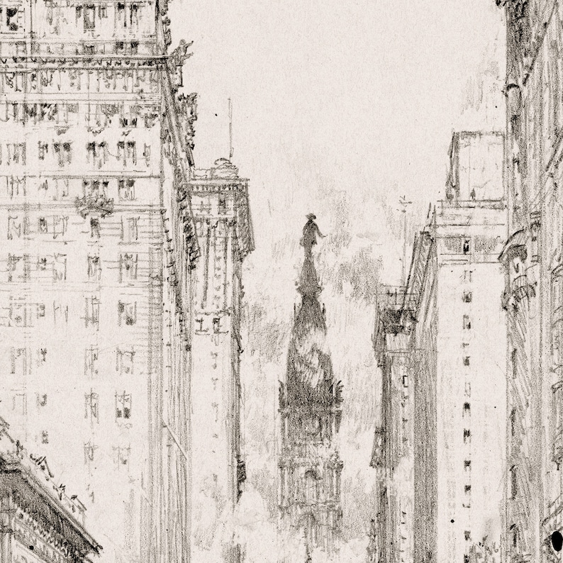 May include: A black and white pencil drawing of a tall building with a spire, seen from a narrow street between two other buildings.