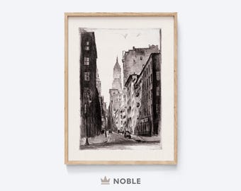 Puede incluir: Un dibujo a lápiz en blanco y negro de una calle de la ciudad con edificios altos. Los edificios están dibujados en un estilo realista, con detalles como ventanas y puertas. La calle está vacía, excepto por unos pocos coches en la distancia.