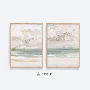 Neutral Ocean Paintings, Set of 2 Prints, Printable Art, Muted Antique Watercolor, Seascape Wall Art, Vintage Art, Digital Download