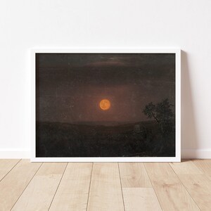 May include: A painting of a large, orange moon rising over a dark, silhouetted landscape. A single tree stands out against the moonlit sky.