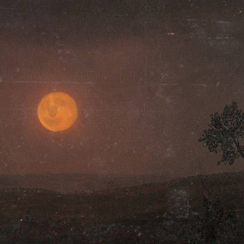 May include: A painting of a large, orange moon in a dark, brown sky. A silhouette of a tree is visible in the right side of the image.
