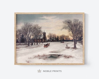 Impresión rústica de paisaje de invierno, imprimible, arte de pared de invierno vintage, decoración navideña vintage, impresiones navideñas, descarga instantánea