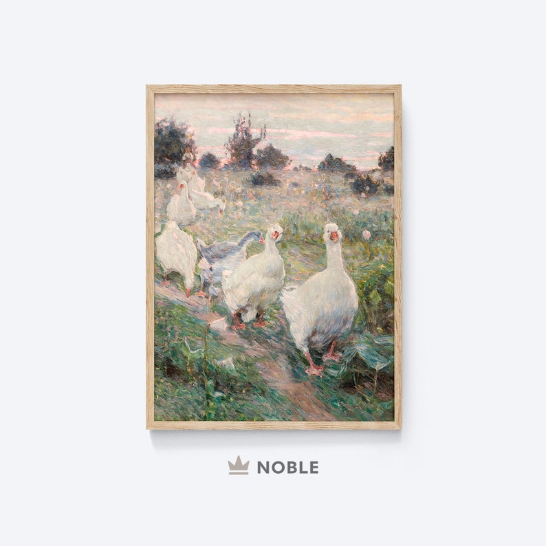 May include: A painting of a group of white geese walking through a field of green grass. The geese are in a line, and the one in the front is looking directly at the viewer. The background is a soft, pastel blue and pink.