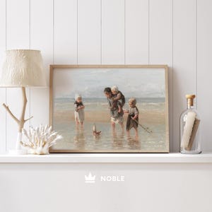 Children on Beach Painting, Printable, Vintage Coastal Print, Coastal Nursery Wall Art, Seashore Landscape Painting, Digital Download SC4
