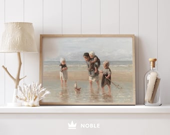 ビーチにいる母と子のビンテージ絵画、デジタルプリント、海岸の壁