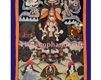 Wall hanging painted on linen - below the flora and fauna with wildlife - nature and the mountains and above the spiritual world.