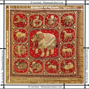 May include: A red and gold embroidered tapestry featuring a central elephant surrounded by eight other animals. The tapestry is 86 inches tall and 85 inches wide.