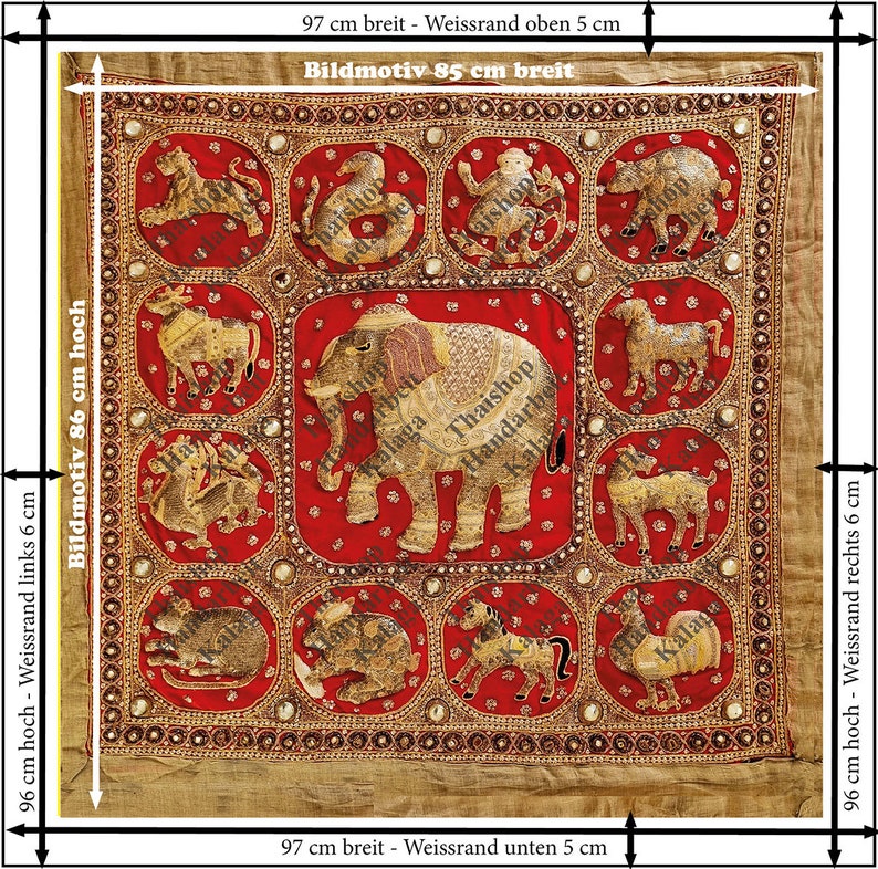 May include: A red and gold embroidered tapestry featuring a central elephant surrounded by eight other animals. The tapestry is 86 inches tall and 85 inches wide.