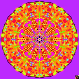 Pode incluir: Um design de mandala colorido e simétrico com um centro laranja brilhante e linhas radiantes de rosa, verde e azul. O fundo é roxo vibrante.
