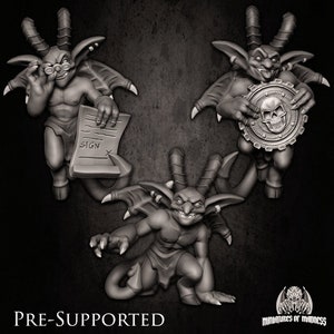 May include: Three gray gargoyle figurines with horns, wings, and mischievous expressions. One holds a scroll that says "SIGN", another holds a gear with a skull, and the third is in a crouching pose. The image is labeled "PRE-SUPPORTED".