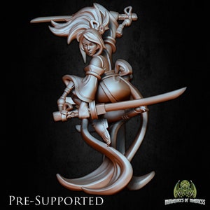 May include: A 3D printed miniature of a female warrior with long flowing hair, holding two swords. The miniature is pre-supported and ready to be printed.