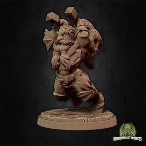 May include: A brown plastic miniature figurine of a dwarf warrior holding two hammers. The dwarf is wearing a leather belt and has a long beard. The figurine is standing on a round base.
