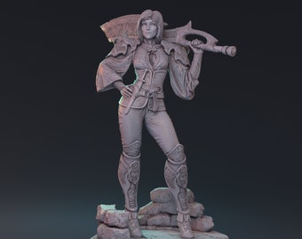 May include: A detailed, gray-toned figurine of a female warrior, posed confidently with a large weapon over her shoulder. She wears ornate armor and clothing, standing on a stone platform with a dark background.