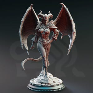 May include: A gray, detailed figurine of a female demon with horns, wings, and a tail. The demon is wearing a detailed, armored outfit and is standing on a rocky base.