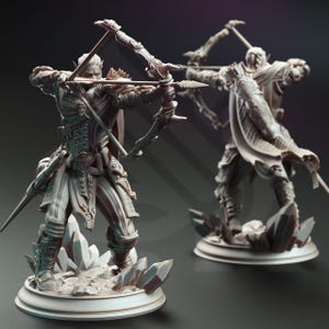 May include: Two detailed grey figurines of archers with bows drawn, standing on crystal-like bases. The figures are posed in a dynamic action stance, with one facing forward and the other facing away.