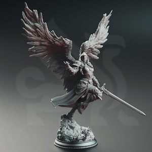 May include: A gray, detailed, sculpted figurine of an angel warrior with large feathered wings, wearing armor and holding a sword. The angel is standing on a rocky base.
