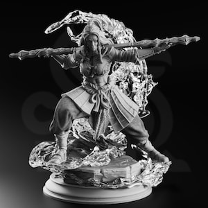 May include: A grayscale figurine of a woman warrior standing on a base with a water-like effect. She is holding a staff in both hands and is wearing a flowing robe and a belt with a decorative knot.