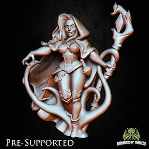 May include: A 3D-printed figurine of a female fantasy character, wearing a hooded cloak, corset, and leggings. She holds a staff with a crystal. The figurine is supported by a stylized base. The text "PRE-SUPPORTED" is visible.