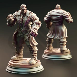 May include: A detailed 3D-printed figurine of a muscular character in a long coat and futuristic gauntlets. The figure stands on a circular base, showcasing intricate design elements and a dynamic pose. The image includes front and back views.
