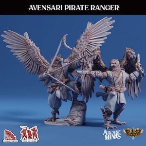 May include: A set of three 3D printed miniature figures of bird-like humanoids with wings, holding bows and arrows. The figures are painted in a light grey color and are posed in a dynamic action stance. The figures are part of the Arcane Minis Skies of Jordan collection.