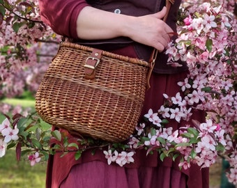 Wicker purse or crossbody bag with vegetable tanned leather straps, top handle bag with canvas belts