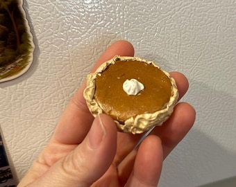 May include: A miniature pumpkin pie magnet with a dollop of white cream. The pie has a golden-brown filling and a crust with a textured, ruffled edge. The magnet is held in a hand against a white background.