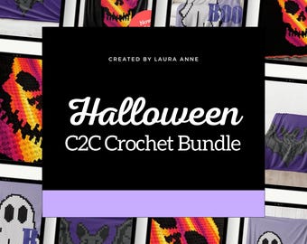 Zestaw wzorów na koc szydełkowy C2C na Halloween: Czaszka, Duch, Nietoperz (wzór PDF)