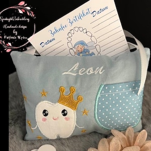 Tooth fairy pillow, tooth fairy pillow with tooth fairy certificate and personalization.