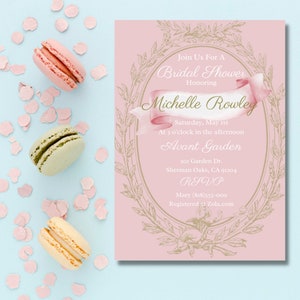 Pink French Inspired Bridal Shower Printable Invitation, Digital Download, Calligraphy, Monogram, Instant DIY, French Macaroon Design