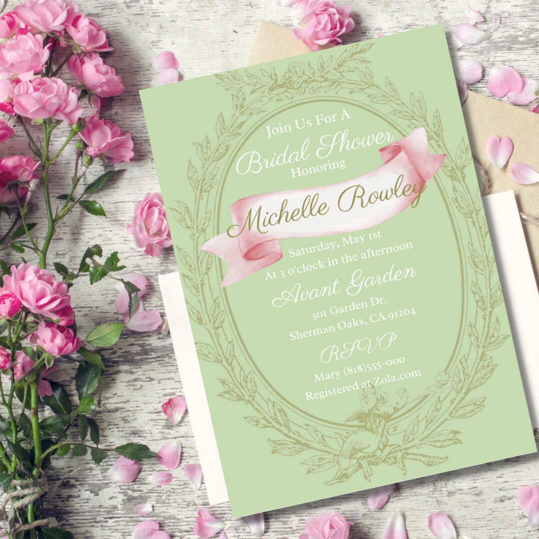 Green French Inspired Bridal Shower Printable Invitation Digital Download Calligraphy Monogram Instant DIY French Macaroon
