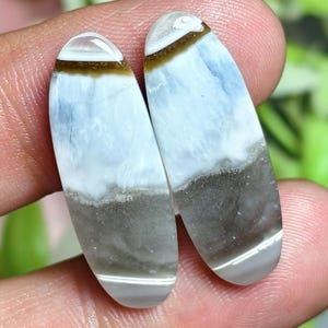 Puede incluir: Dos cabujones de forma ovalada con apariencia estratificada, que presentan una sección superior blanca translúcida, una banda horizontal marrón distintiva y una parte inferior que transita de un gris texturizado a una base gris claro semitransparente.