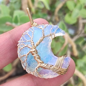 Tree Of Life Opalite Crescent Moon Pendant, Opalite Gemstone Jewelry, Crescent Moon Pendant, Wire Wrapped Pendant, Wholesale Pendant