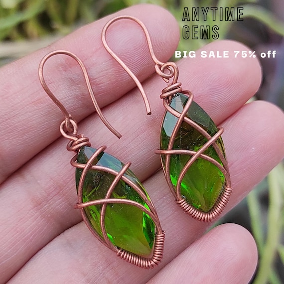Handmade Copper Wire Wrapped Peridot Gemstone Earrings
