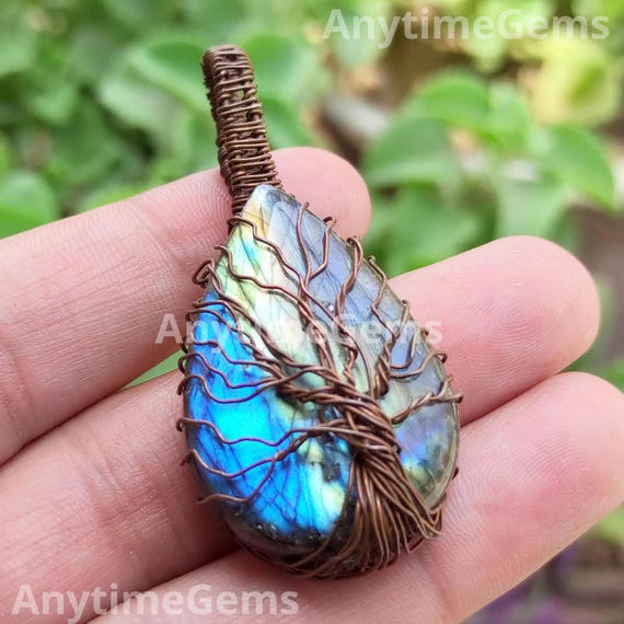 Ciondolo In Labradorite Naturale Con Filo Di Rame - Fatto A Mano, Gioiello Artigianale India