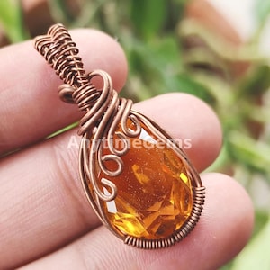 Copper Wire Wrapped Citrine Glass Pendant Handmade Necklace 1.5x3.5 Cm